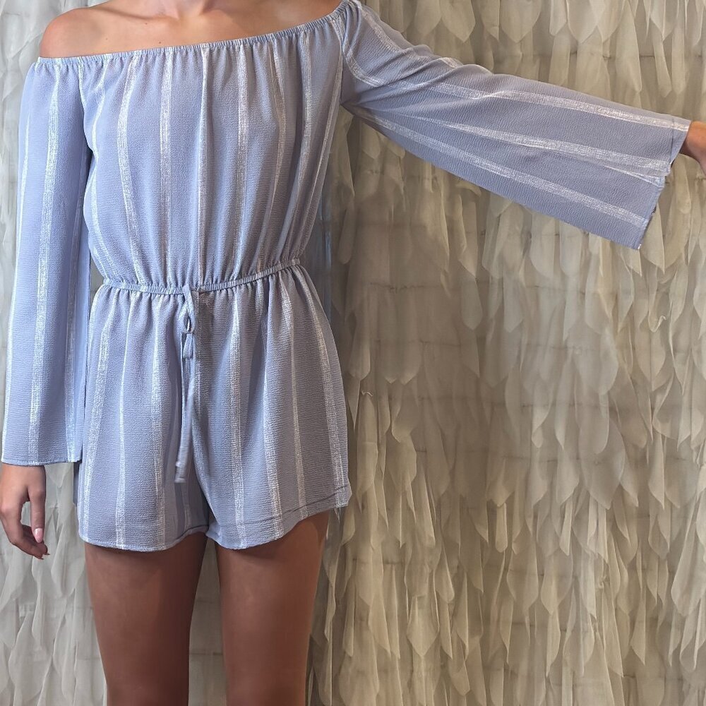 Rue 21 Light Blue Off Shoulder Romper | Long Sleeve Elastic Waist | Size S - Picture 4 of 7